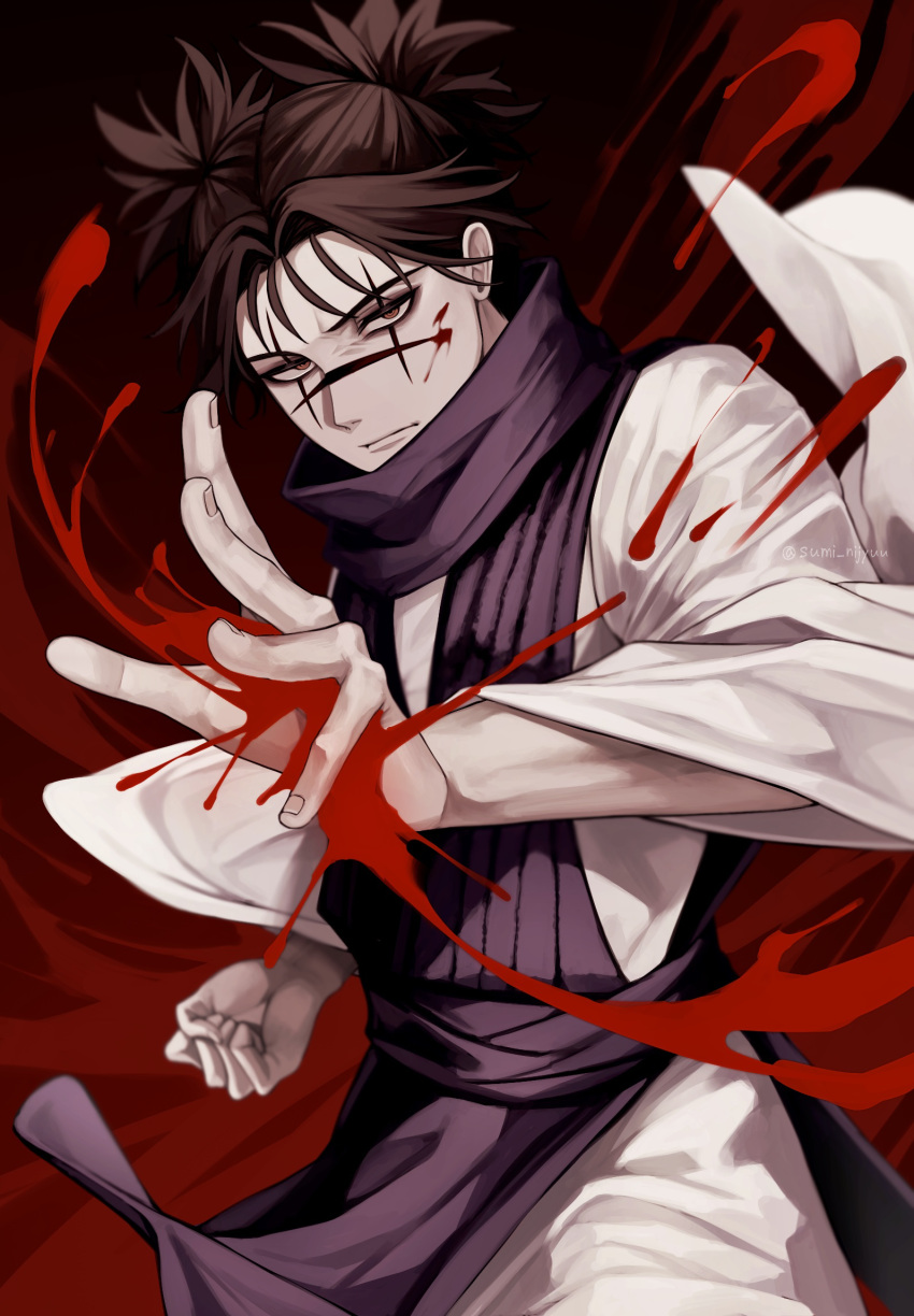 1boy, blood, blood_on_face, brown_eyes, brown_hair, choso_(jujutsu_kaisen), clenched_hand, cowboy_shot