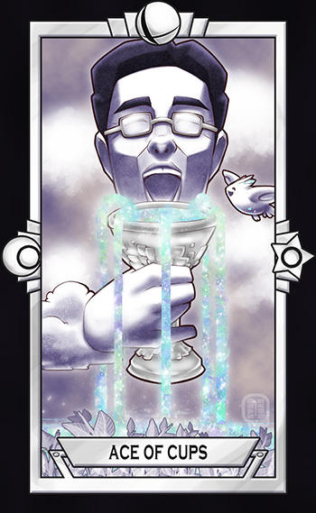 1boy, ^_^, ace_of_cups_(tarot), bird, black_border, border, brain_age, chalice