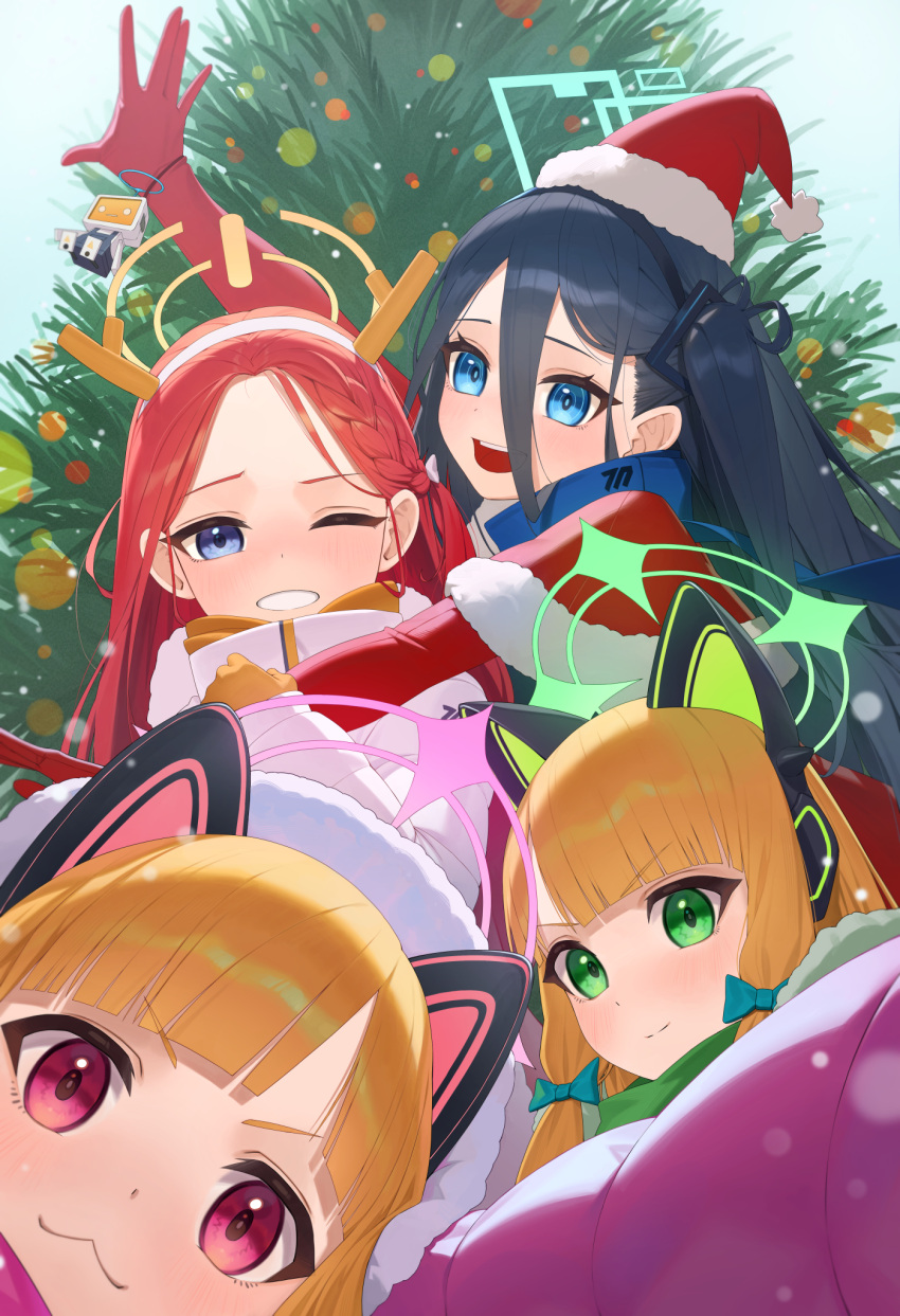 <key>_(robot)_(blue_archive), 4girls, absurdly_long_hair, animal_ear_headphones, animal_ears, antlers, aris_(blue_archive), black_hair