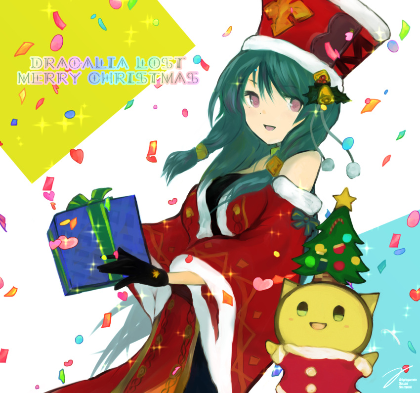 1girl, :d, black_gloves, box, christmas, confetti, dragalia_lost, fur_trim, gift, gift_box, gloves, green_hair, hat, highres, hildegarde_(dragalia_lost), holding, holding_gift, light_takasaka, long_hair, long_sleeves, looking_at_viewer, merry_christmas, open_mouth, pink_eyes, pipple_(dragalia_lost), red_robe, robe, smile, wide_sleeves
