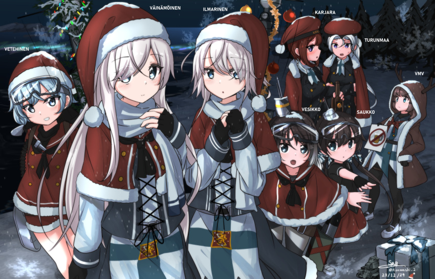 6+girls, absurdres, animal_hood, antlers, black_gloves, blonde_hair, blue_eyes, blue_scarf