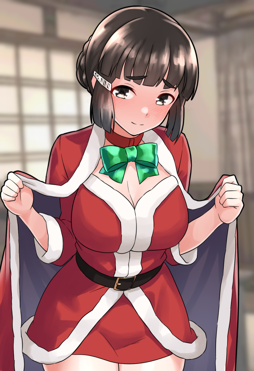 1girl, black_hair, blurry, blush, braid, braided_bun, breasts, brown_eyes
