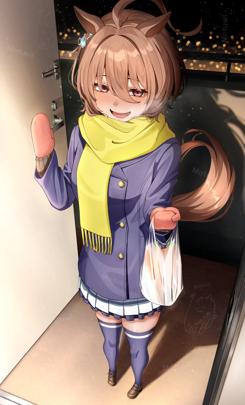 1girl, agnes_tachyon_(umamusume), ahoge, animal_ears, brown_hair, christmas, earrings, hair_between_eyes