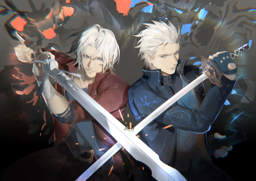 2boys, black_gloves, blue_eyes, closed_mouth, coat, cumcmn, dante_(devil_may_cry), devil_may_cry_(series)