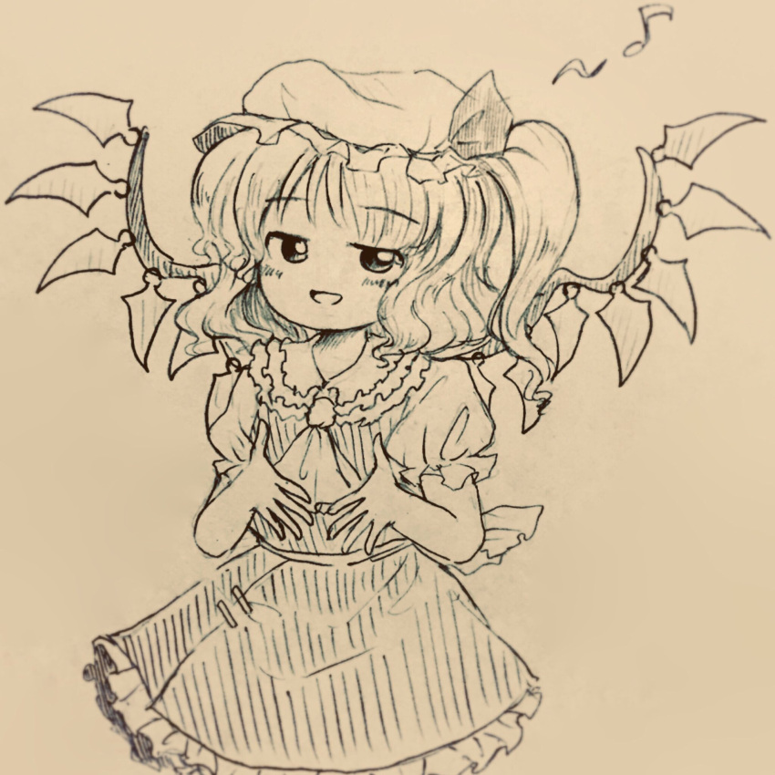1girl, ascot, blue_skirt, busujima_tetoro, cowboy_shot, eighth_note, flandre_scarlet, frilled_shirt_collar