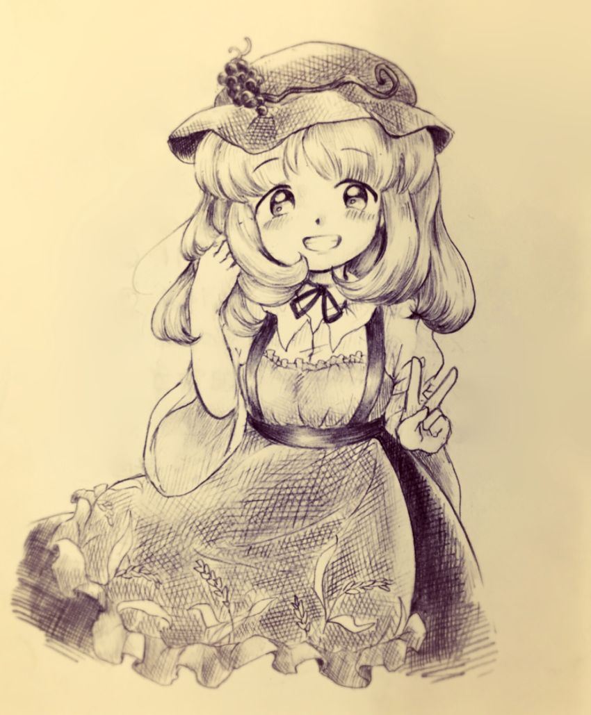 1girl, aki_minoriko, busujima_tetoro, cowboy_shot, grape_hat_ornament, greyscale, hand_in_own_hair, happy