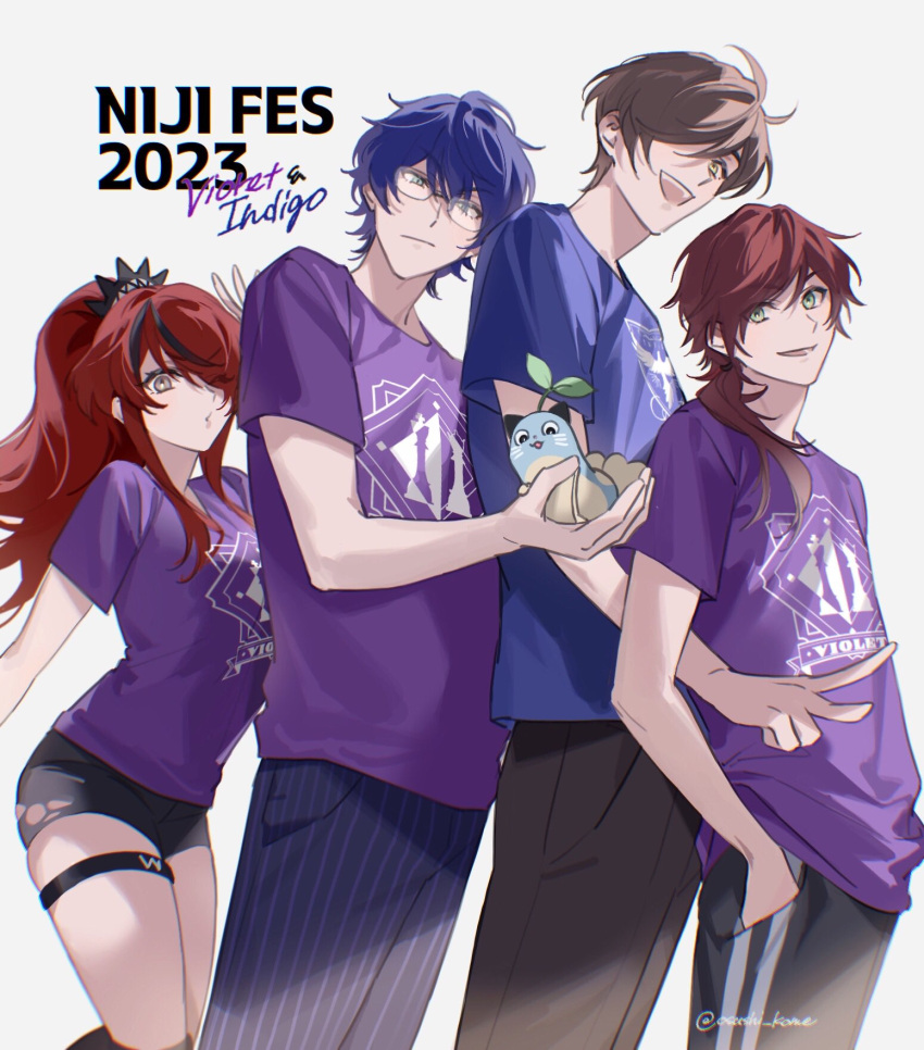 1girl, 3boys, aqua_eyes, black_hair, black_pants, black_shorts, blue_pants, brown_hair