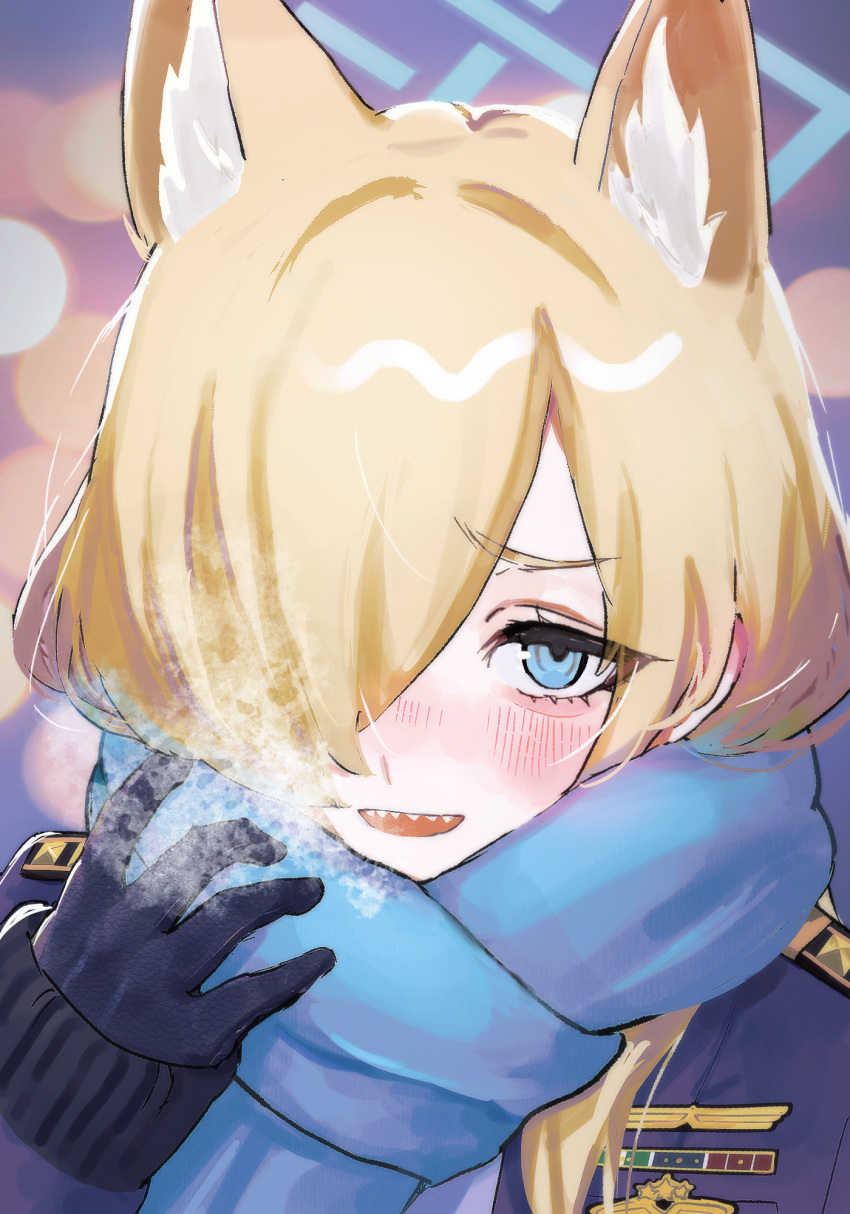 1girl, animal_ear_fluff, animal_ears, badge, blonde_hair, blue_archive, blue_eyes, blue_halo