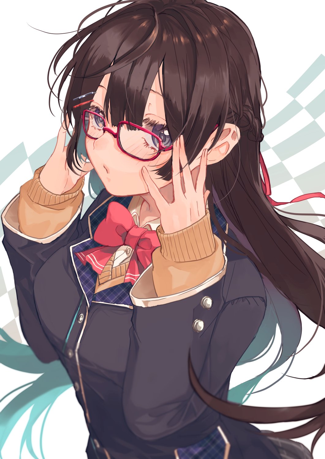 1girl, amana_raika, black_hair, black_jacket, blazer, blue_eyes, bow, bowtie
