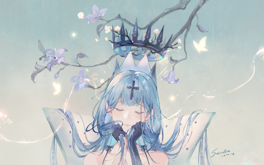 1girl, 2023, artist_name, asymmetrical_gloves, azur_lane, bare_shoulders, black_gloves, blue_hair
