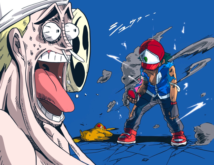 2boys, ash_ketchum, baseball_cap, black_hair, blonde_hair, blue_background, bulging_eyes, crack