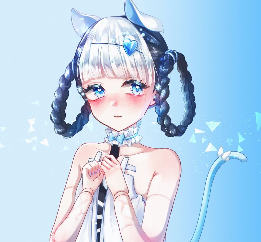 1girl, animal_ears, bambinata_(punishing:_gray_raven), black_hair, blue_eyes, blue_tail, blush, bob_cut