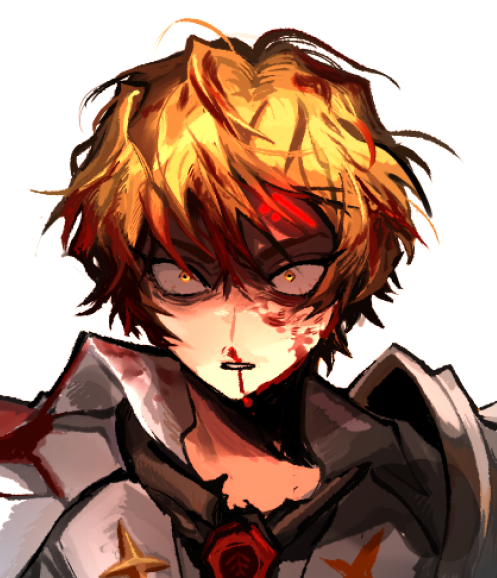 1boy, armor, blonde_hair, blood, blood_in_hair, blood_on_face, bloodshot_eyes, bruise, collared_shirt, injury, limbus_company, looking_at_viewer, maipll_two, nosebleed, parted_lips, pauldrons, portrait, project_moon, shirt, shoulder_armor, simple_background, sinclair_(project_moon), solo, wax_seal, white_background, white_shirt, yellow_eyes