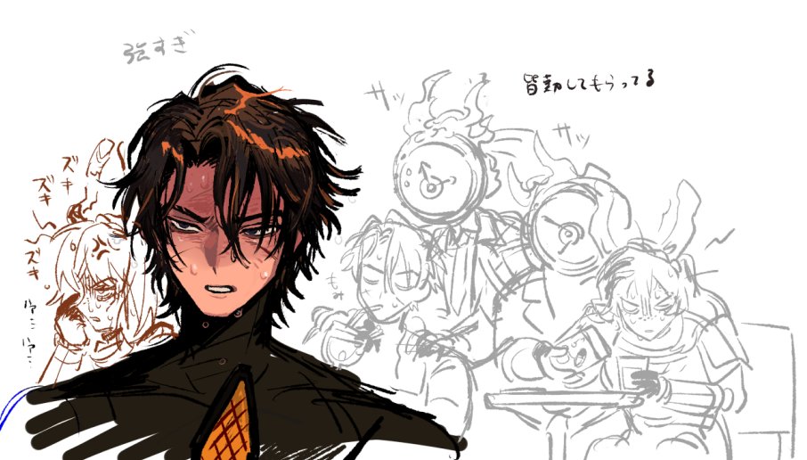 1boy, 1girl, 1other, black_shirt, brown_hair, clock, dante_(limbus_company), fire