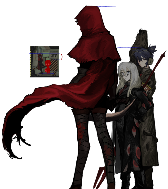1boy, 2girls, bandaged_arm, bandaged_leg, bandages, black_coat, cape, coat