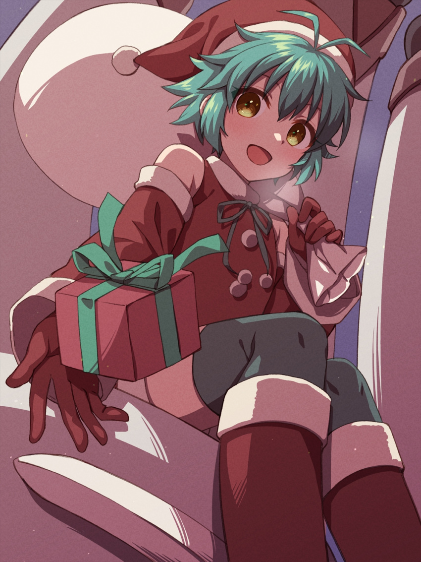 1girl, :d, airgetlam_(kiseki), alternate_costume, antenna_hair, bare_shoulders, black_thighhighs, blue_hair, blush, boots, box, breath, chihiro_(chihiro3399), christmas, commentary, detached_sleeves, eiyuu_densetsu, feet_out_of_frame, foreshortening, from_below, gift, gift_box, green_ribbon, happy, hat, highres, incoming_gift, long_sleeves, looking_at_viewer, looking_down, millium_orion, neck_ribbon, open_mouth, pom_pom_(clothes), red_shirt, ribbon, santa_boots, santa_costume, santa_hat, sen_no_kiseki, shirt, short_hair, sitting, smile, solo, spiky_hair, symbol-only_commentary, thigh-highs, wide_sleeves, yellow_eyes