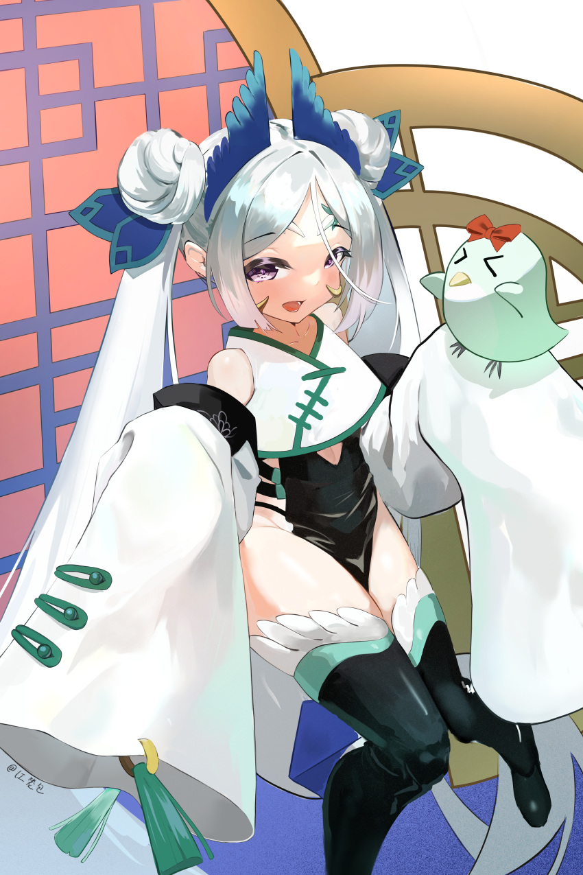 1girl, absurdres, artery_gear, artery_gear:_fusion, bird, bird_on_hand, black_dress, black_thighhighs, character_request, chinese_clothes, commentary_request, detached_sleeves, double_bun, dress, green_bird, grey_hair, hair_bun, highres, jiang_long_bao, long_hair, long_sleeves, open_mouth, pelvic_curtain, puffy_long_sleeves, puffy_sleeves, red_ribbon, ribbon, shirt, sidelocks, thigh-highs, twintails, very_long_hair, violet_eyes, white_shirt, wing_hair_ornament