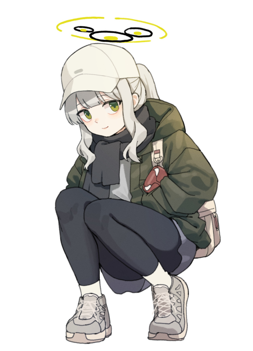1girl, 28_(282teeth), black_pantyhose, black_scarf, blue_archive, closed_mouth, full_body, green_eyes