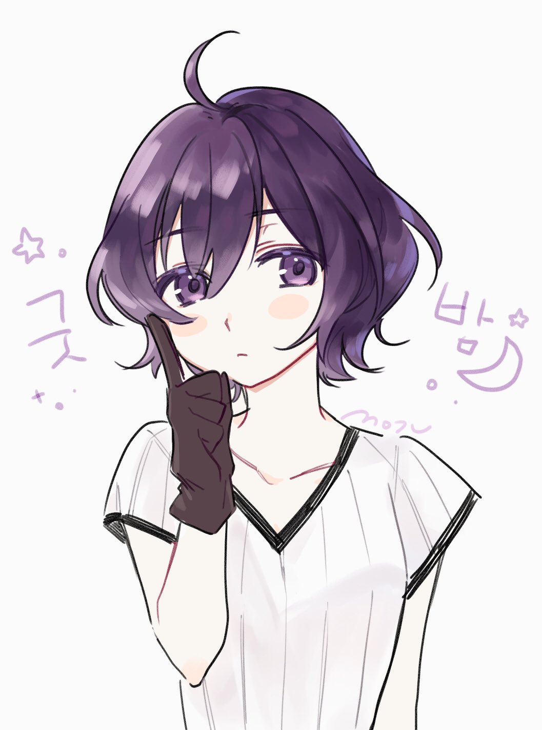 ahoge, black_hair, finger_to_face, fire_emblem, fire_emblem_awakening, gloves, highres, index_finger_raised, moch_ka_game, morgan_(female)_(fire_emblem), morgan_(fire_emblem), shirt, sleepy, violet_eyes