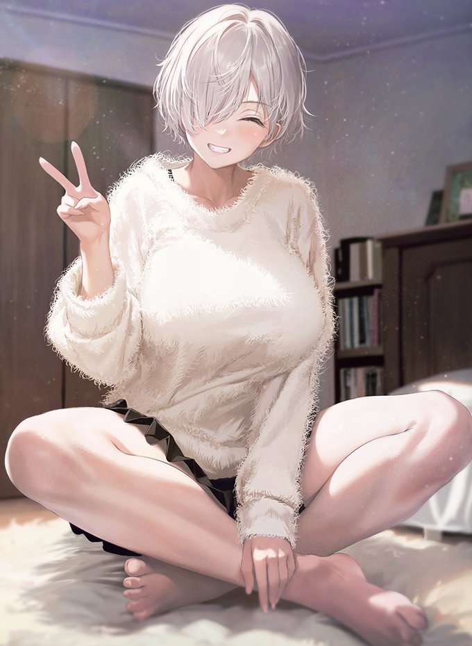 1girl, barefoot, black_skirt, blush, book, bookshelf, bra_strap, breasts, fur_sweater, grin, hair_over_one_eye, huge_breasts, indian_style, indoors, kurono_mitsuki, lens_flare, looking_at_viewer, miniskirt, open_clothes, original, sitting, skirt, smile, sweater, v, white_hair, white_sweater