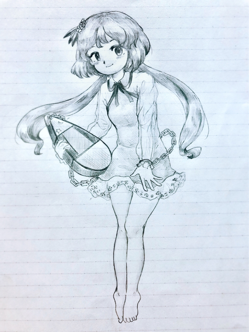 1girl, barefoot, biwa_lute, busujima_tetoro, chain, closed_mouth, dress, full_body