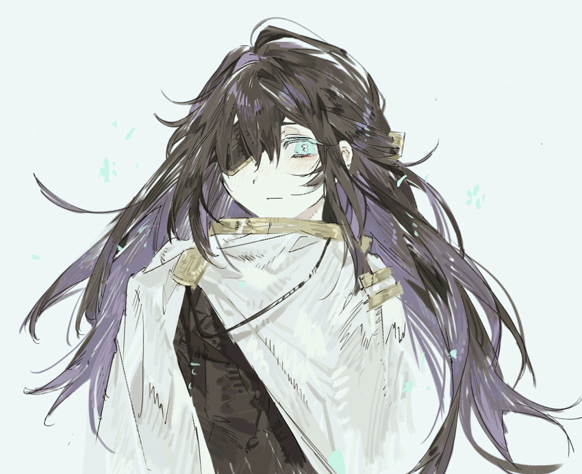 1other, badge, black_hair, blue_eyes, cape, gold_trim, highres, librarian_(project_moon)