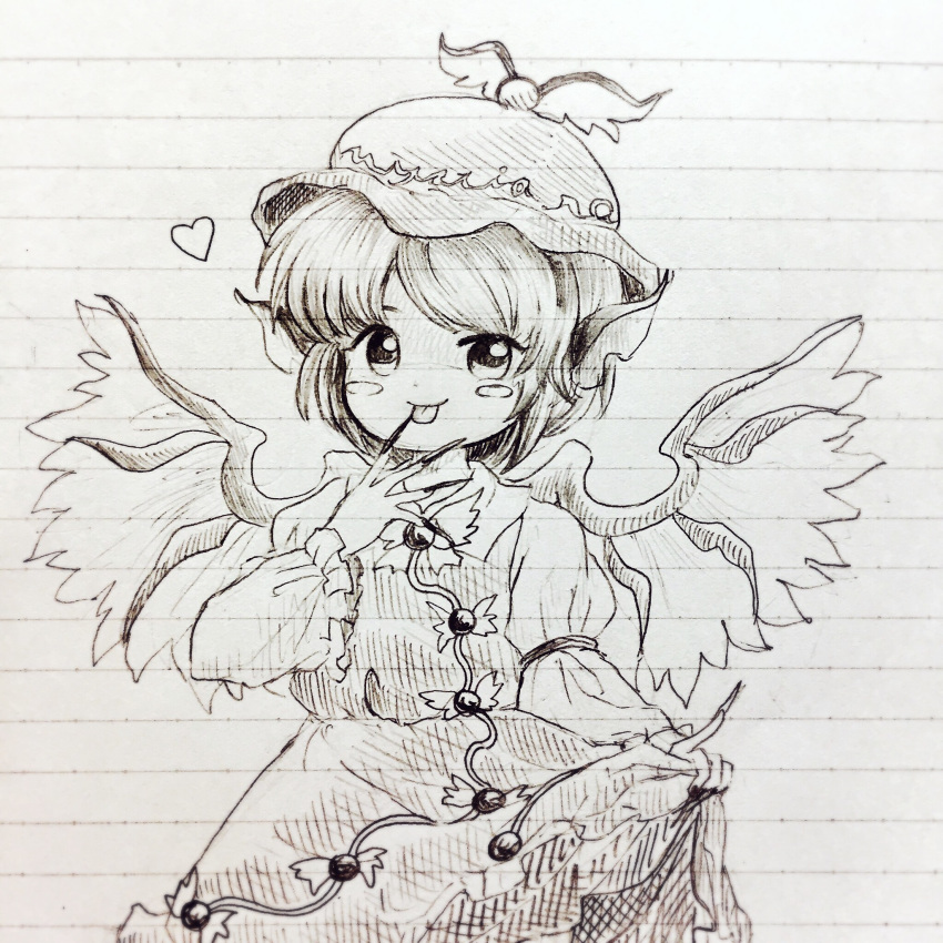 1girl, animal_ears, bird_wings, blush_stickers, busujima_tetoro, cowboy_shot, dress, feathered_wings, fingernails, greyscale, hat, heart, highres, lined_paper, long_fingernails, long_sleeves, looking_at_viewer, monochrome, mystia_lorelei, sharp_fingernails, solo, tongue, tongue_out, touhou, traditional_media, wing_hat_ornament, wings