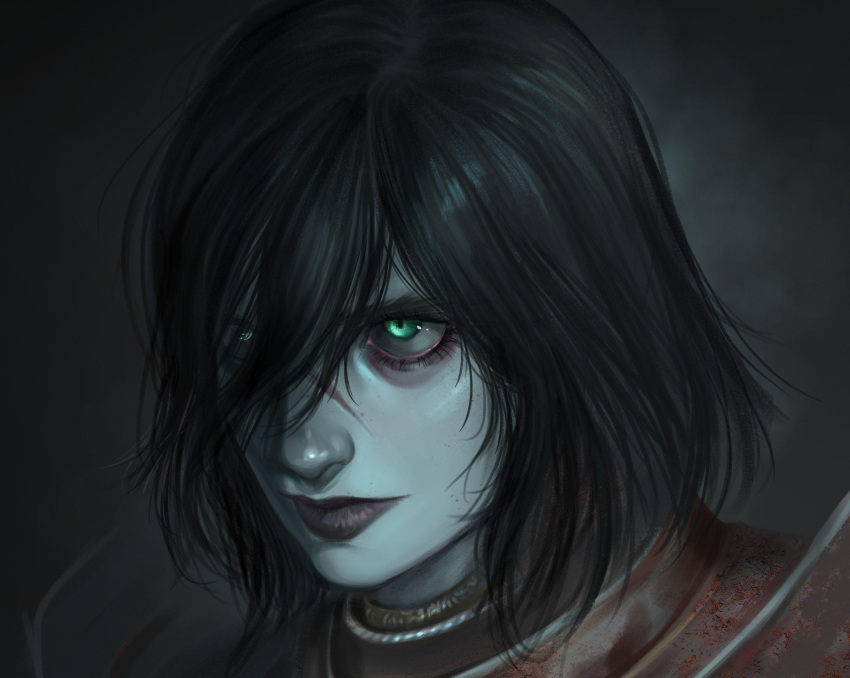 1girl, armor, black_hair, black_lips, close-up, dovahcaine, elden_ring, eyelashes