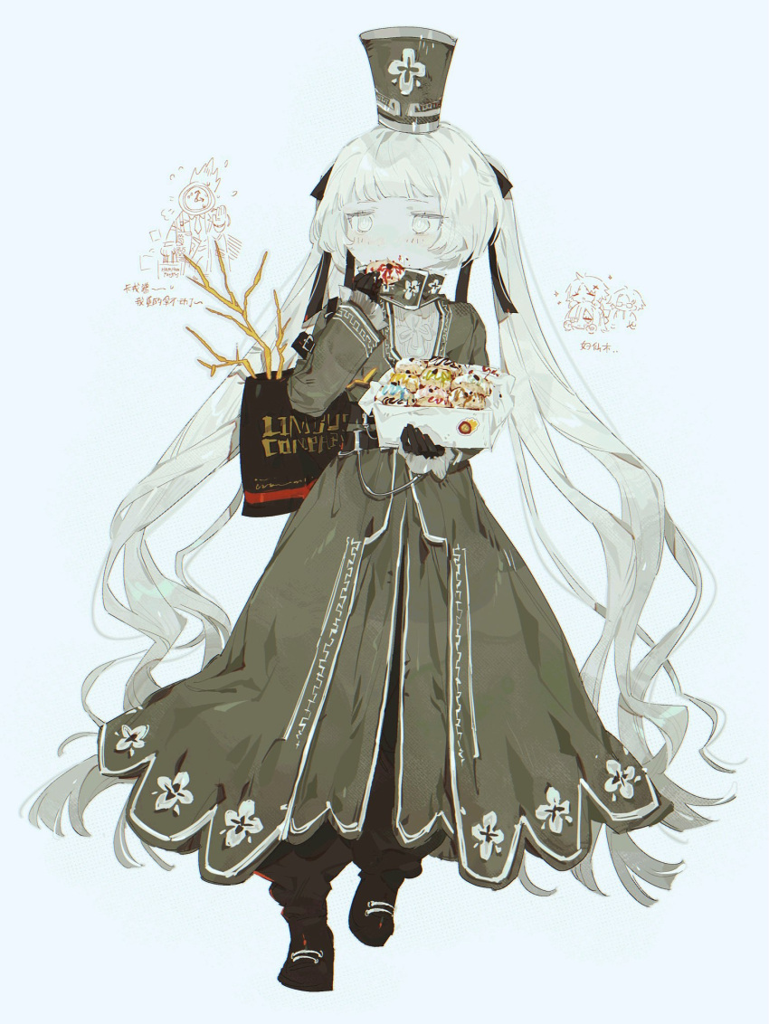 1boy, 1girl, 3girls, aya_(project_moon), black_footwear, black_gloves, black_ribbon, boots, charon_(project_moon), dante_(limbus_company), dress, full_body, gloves, golden_bough_(limbus_company), grey_dress, hair_ribbon, hat, highres, hopkins_(project_moon), limbus_company, meijiichigo, multiple_girls, project_moon, ribbon, shako_cap, simple_background, walking, white_background, yuri_(project_moon)