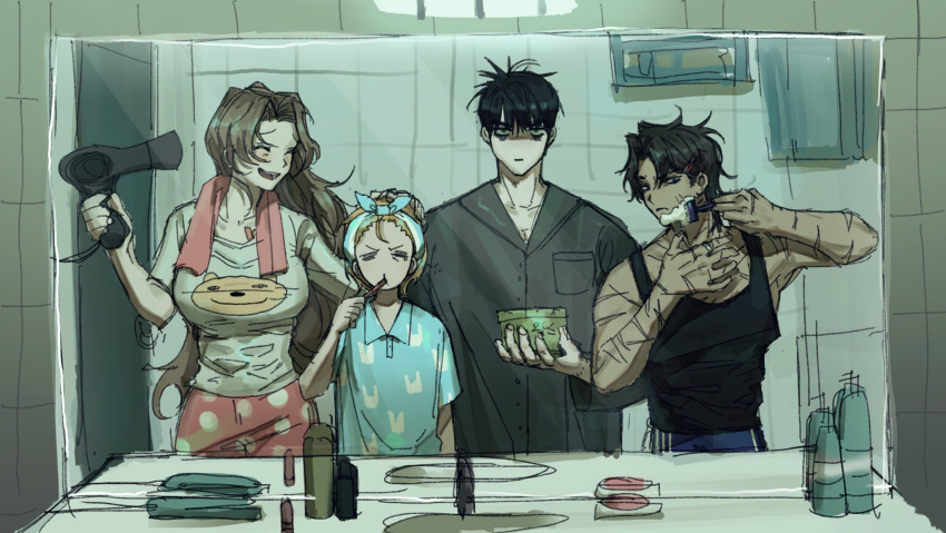 2boys, 2girls, bathroom, black_hair, black_shirt, blonde_hair, brown_hair, brushing_teeth, chanil_(muexlku), closed_eyes, curtains, don_quixote_(project_moon), hair_dryer, heathcliff_(project_moon), highres, limbus_company, long_hair, meursault_(project_moon), mirror, multiple_boys, multiple_girls, pajamas, project_moon, rodion_(project_moon), shaving, shirt, sink, t-shirt, toothbrush, upper_body, very_long_hair, white_shirt