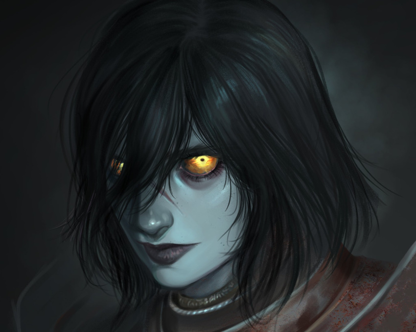 1girl, armor, black_hair, black_lips, close-up, dovahcaine, elden_ring, eyelashes