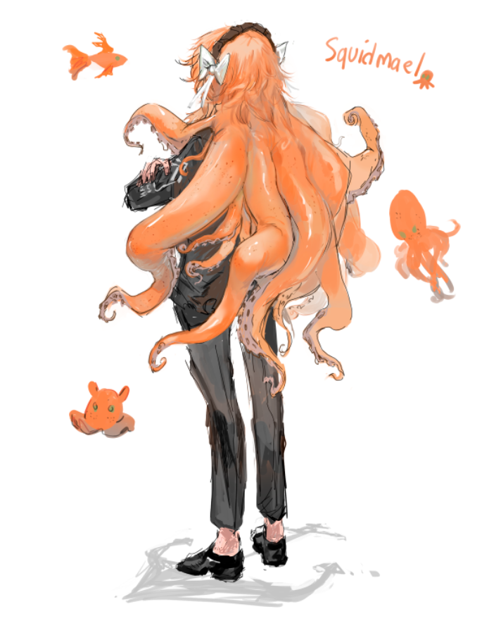 1girl, black_jacket, black_pants, bow, brown_hairband, crossed_arms, facing_away, full_body