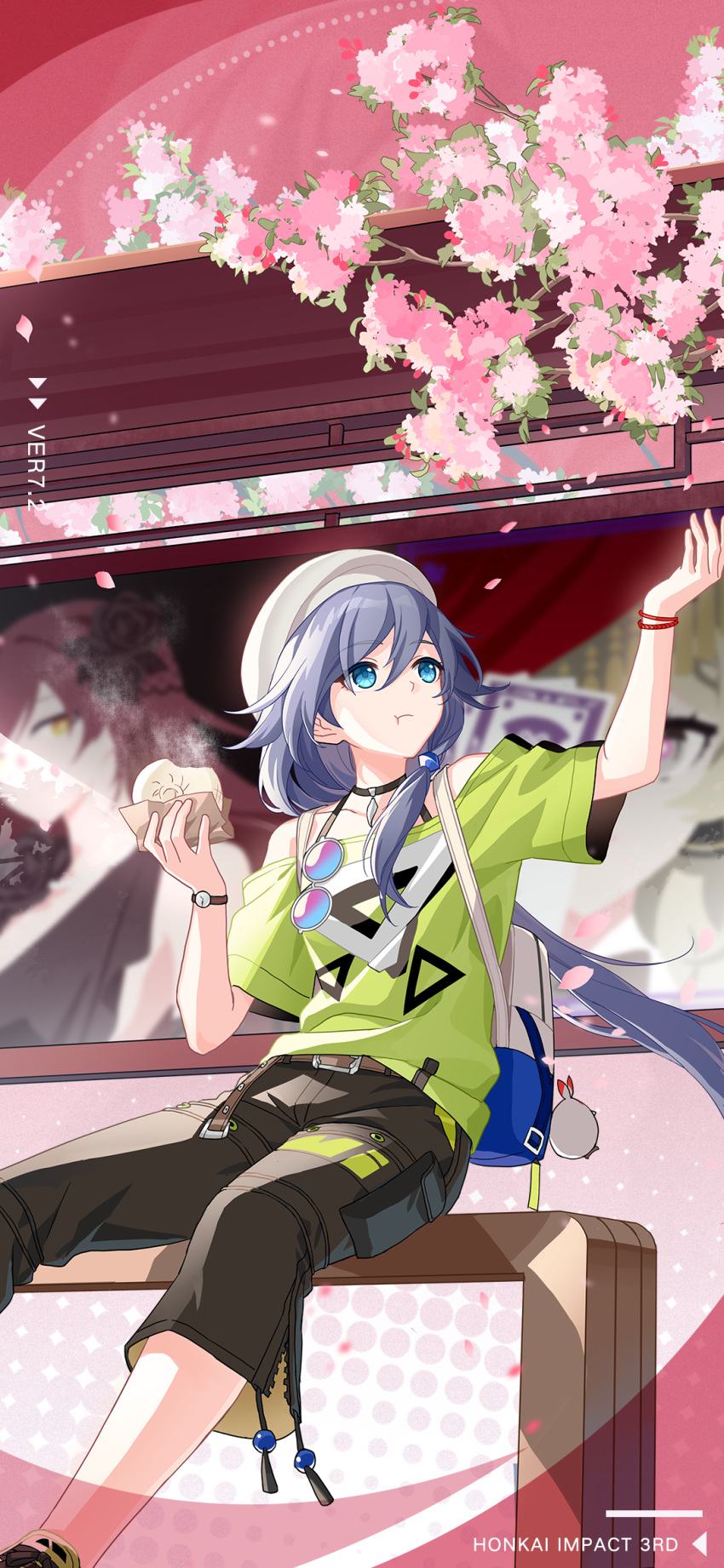 beret, black_choker, blue_eyes, bracelet, branch, breasts, chinese_commentary, choker