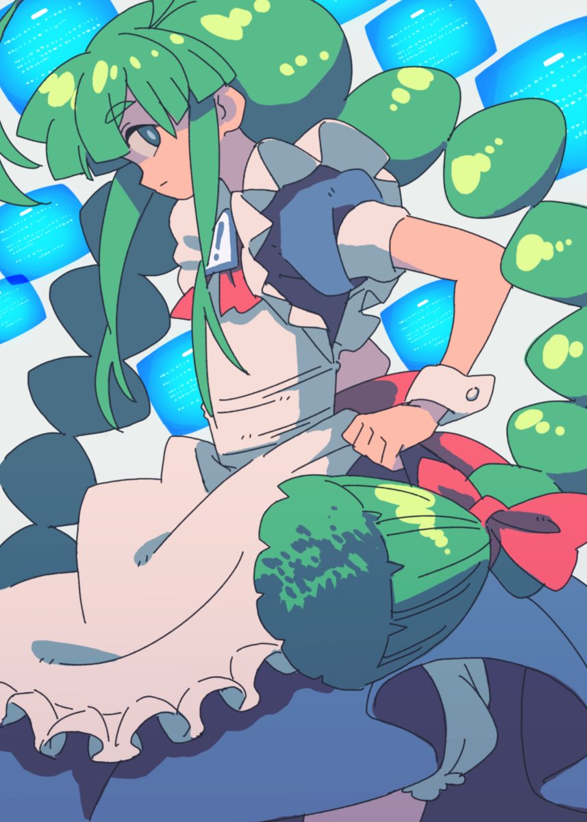 !, 1girl, ahoge, apron, bloomers, blue_dress, blue_eyes, bow