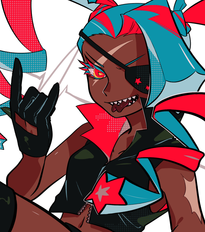 1girl, aqua_eyes, aqua_hair, asymmetrical_hair, character_name, cookie_run, crop_top, dark-skinned_female, dark_skin, eyepatch, highres, humanization, multicolored_hair, pink_eyes, pink_hair, shorts, solo, tarako4649, tongue, tongue_out, twintails, twizzly_gummy_cookie, two-tone_hair, weapon