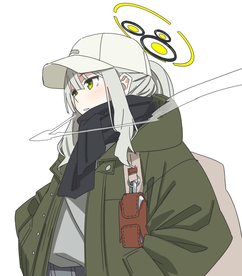1girl, backpack, bag, black_scarf, blue_archive, commentary_request, from_below, green_eyes