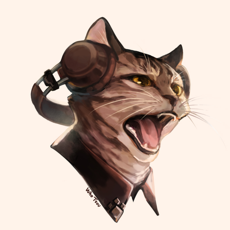 artist_name, black_eyes, cat, chinese_commentary, colored_sclera, commentary_request, fangs, headphones, no_humans, original, pink_background, signature, tongue, whiskers, whotsou, yellow_sclera