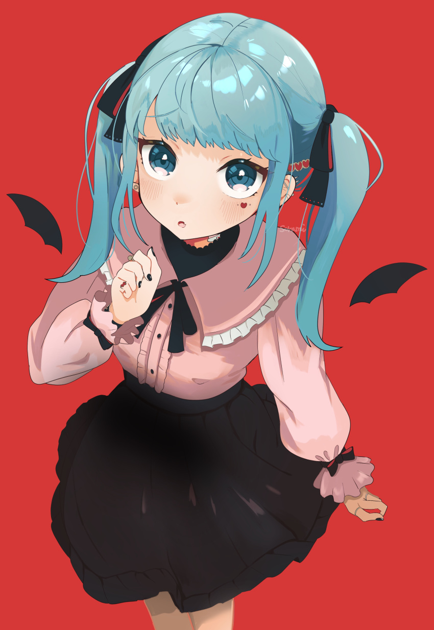 1girl, absurdres, bandage_on_neck, bat_wings, blue_eyes, blue_hair, blush, center_frills