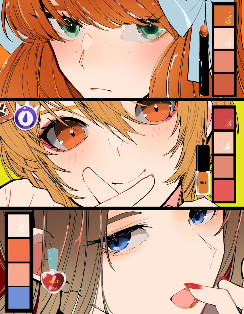 3girls, blonde_hair, blue_eyes, bow, brown_hair, closed_mouth, don_quixote_(project_moon), green_eyes