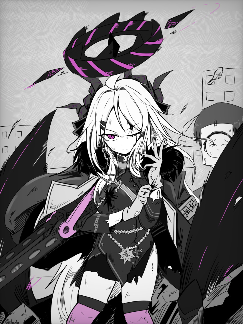 1boy, 1girl, ahoge, aiguillette, black_halo, black_skirt, blue_archive, closed_mouth, cross, demon_horns, doodle_sensei_(blue_archive), gloves, halo, highres, hina_(blue_archive), horns, iron_cross, light_frown, long_coat, long_hair, looking_at_viewer, mask, military_uniform, multiple_horns, one_eye_closed, parted_bangs, pencil_skirt, purple_thighhighs, sensei_(blue_archive), serious, side_slit, skirt, thigh-highs, tierbis, uniform, v-shaped_eyebrows, very_long_hair, violet_eyes, white_gloves, white_hair, zettai_ryouiki