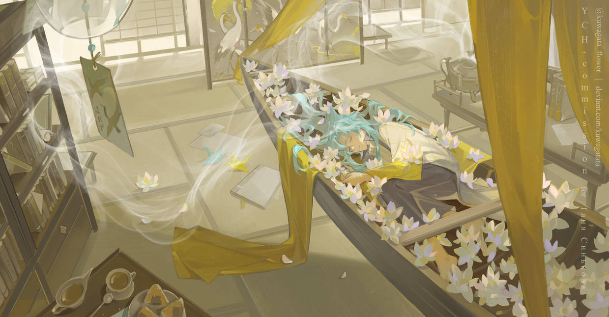 1boy, argyle, barefoot, bird, blue_hair, boat, closed_eyes, closed_mouth