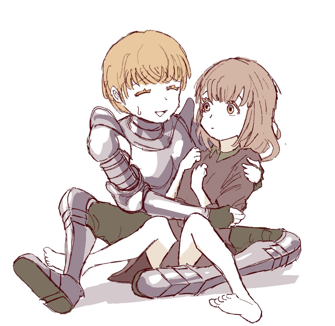 2girls, armor, barefoot, bob_cut, brown_eyes, brown_hair, brown_robe, closed_eyes