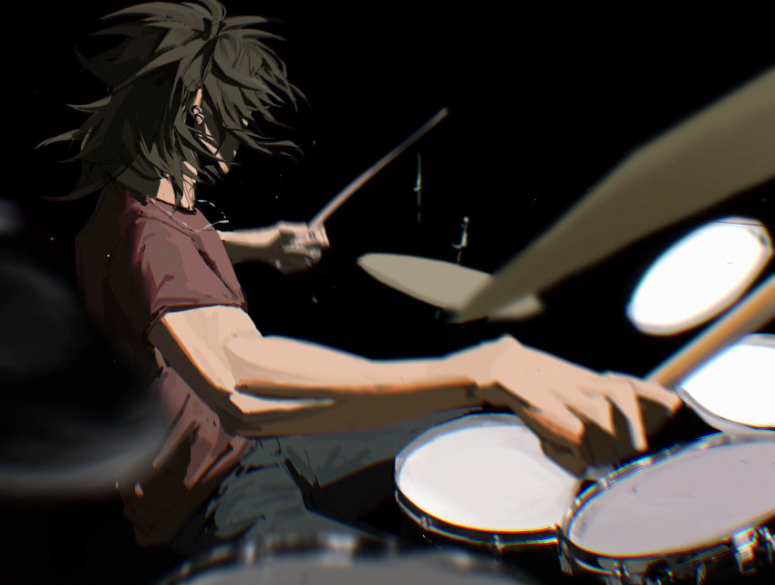 1boy, black_background, black_pants, brown_hair, chromatic_aberration, drum, drum_set, drumsticks