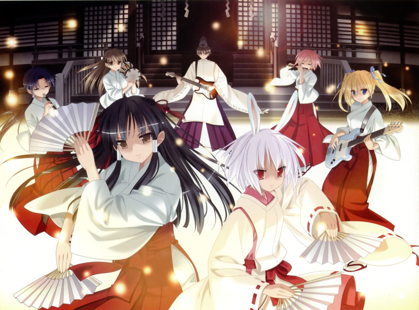 animal_ears, ashiwara_otoya, rabbit_ears, bunnygirl, guitar, huuka, japanese_clothes, kaoruko, koume_(tamafuri), kurusu_manami, miko, oouchi_itsuki, peko, tamafuri_series, tokiko_(tamafuri)