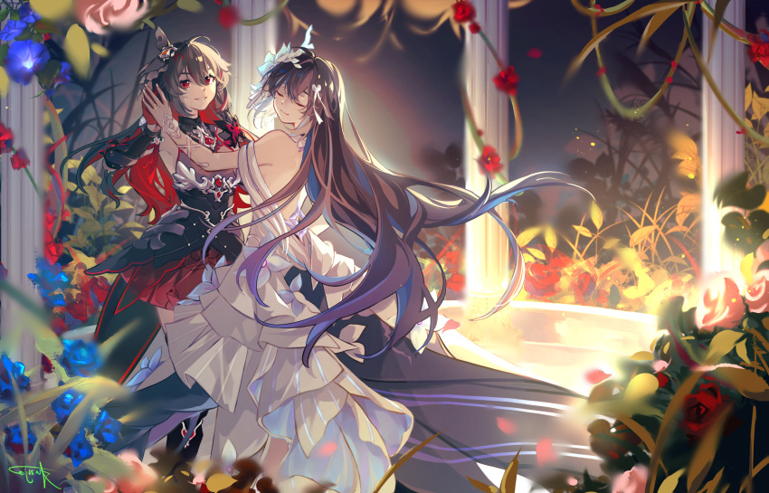 2girls, backless_dress, backless_outfit, black_dress, blue_hair, brown_hair, closed_eyes, colored_inner_hair