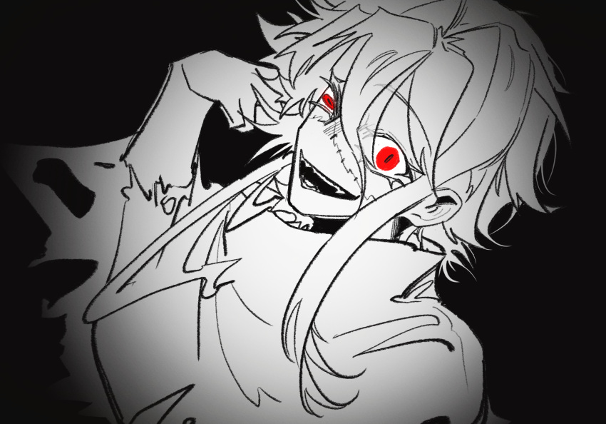1boy, arm_up, black_background, capelet, chinese_commentary, commentary_request, eyes_visible_through_hair, hair_between_eyes