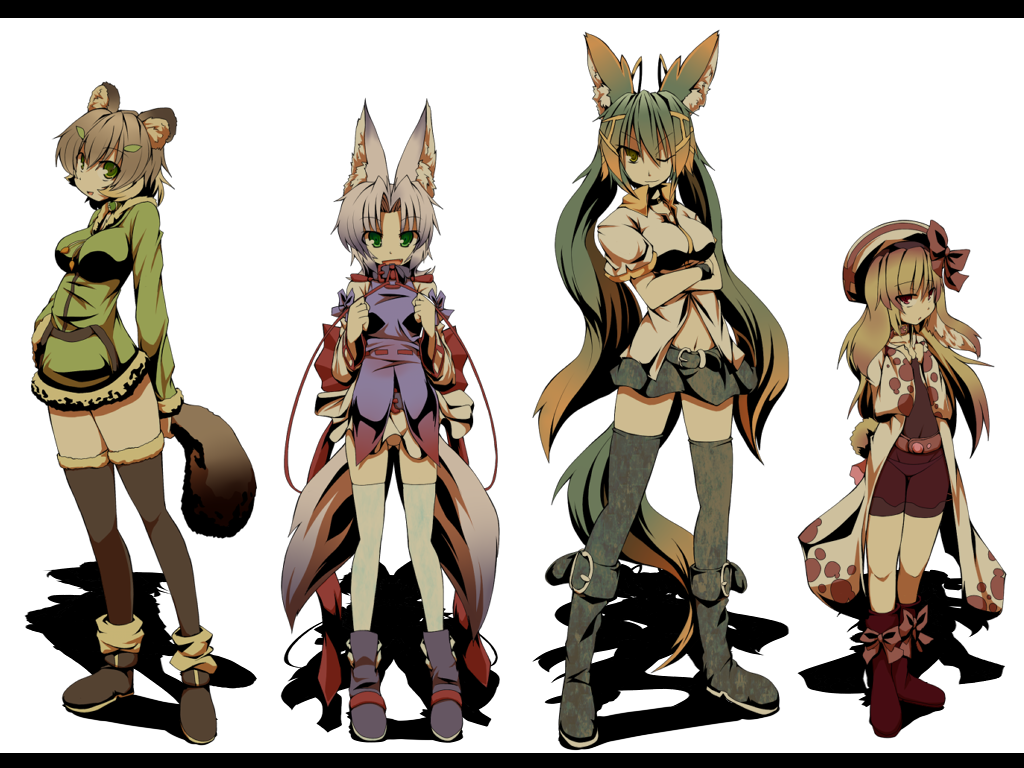 animal_ears, arashimiya_kiharu, boots, breasts, fukunomiya_koko, green_eyes, harumiya_ria, kuromiya