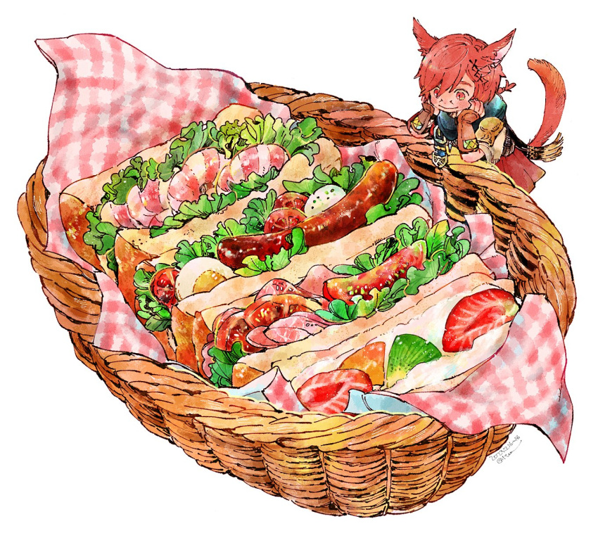1boy, animal_ears, basket, black_scarf, brown_gloves, cat_boy, cat_ears, cat_tail, chibi, commentary_request, dated, elbow_gloves, elbow_rest, facial_mark, final_fantasy, final_fantasy_xiv, fingerless_gloves, food, food_focus, from_above, fruit, g'raha_tia, gloves, hair_ornament, ham, highres, itowff14, jacket, lettuce, mini_person, miniboy, miqo'te, red_eyes, red_jacket, redhead, sandwich, sausage, scarf, short_hair, short_ponytail, signature, simple_background, smile, solo, strawberry, strawberry_slice, swept_bangs, tail, tomato, tomato_slice, white_background, x_hair_ornament