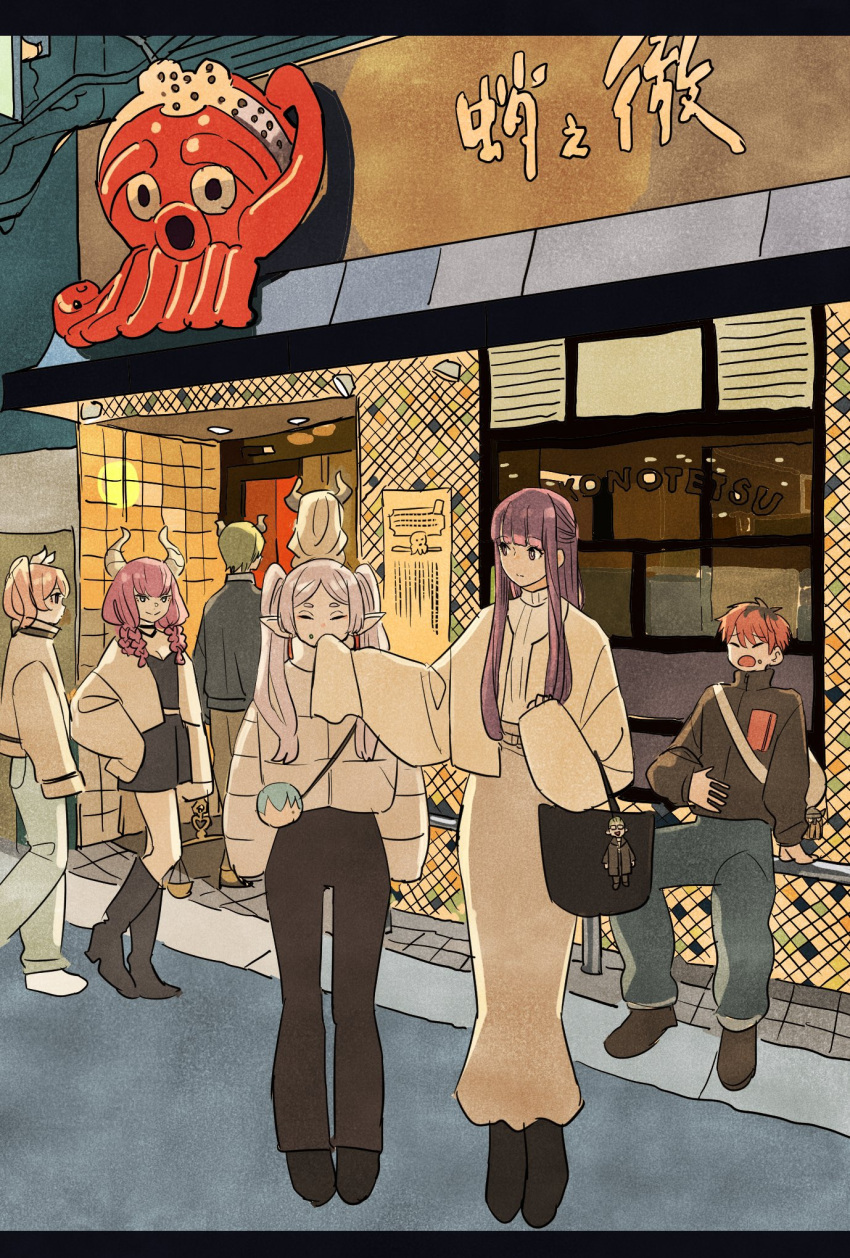 3boys, 4girls, alternate_costume, aura_(sousou_no_frieren), closed_eyes, demon, demon_girl, demon_horns