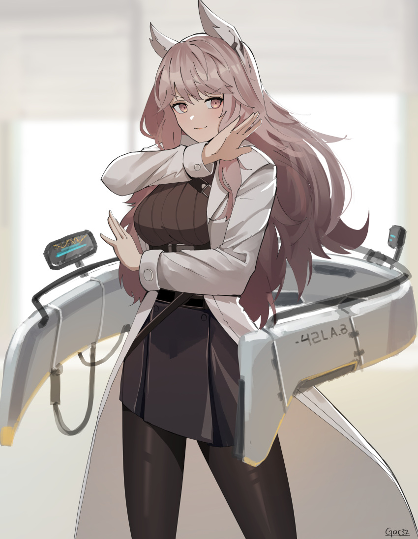 1girl, absurdres, artist_name, black_pantyhose, black_skirt, breasts, brown_eyes, brown_hair